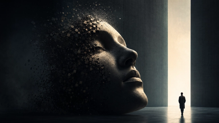 Artificial intelligence represented by a monumental human face dissolving into fragments beside a solitary figure.