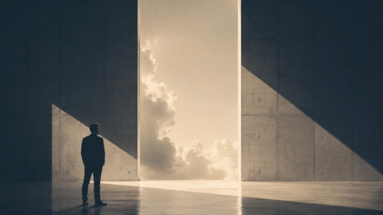 Machine understanding: a solitary figure facing a monumental opening filled with natural light