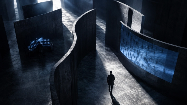 Artificial intelligence and power depicted as a lone figure navigating a vast monitored institutional space.