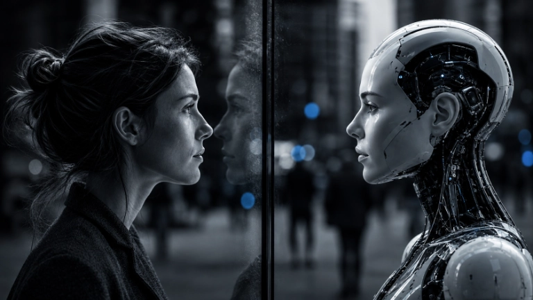 What makes us human in the age of AI: a woman and a humanoid robot face each other across a glass divide.